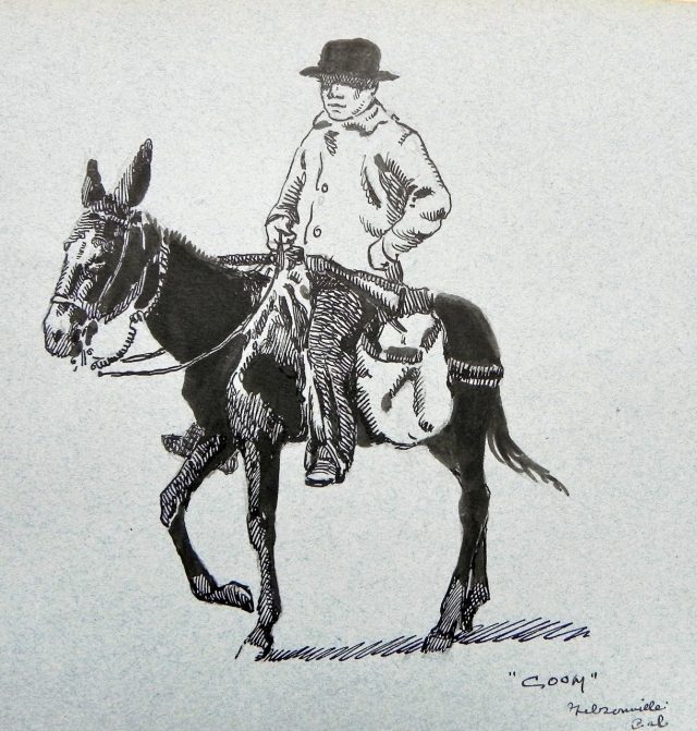Pen and ink drawing of horse and rider